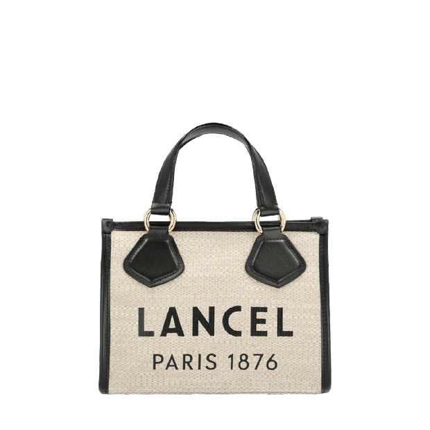 Cabas zippé S LANCEL Toile de jute et cuir de vachette lisse