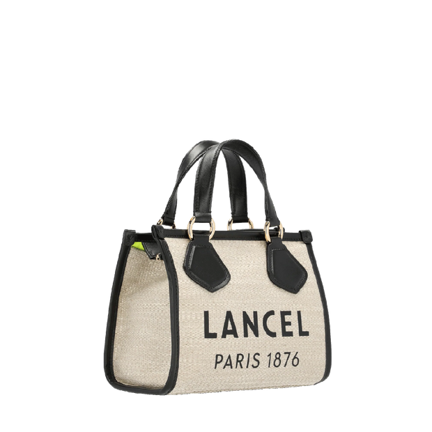 Cabas zippé S LANCEL Toile de jute et cuir de vachette lisse